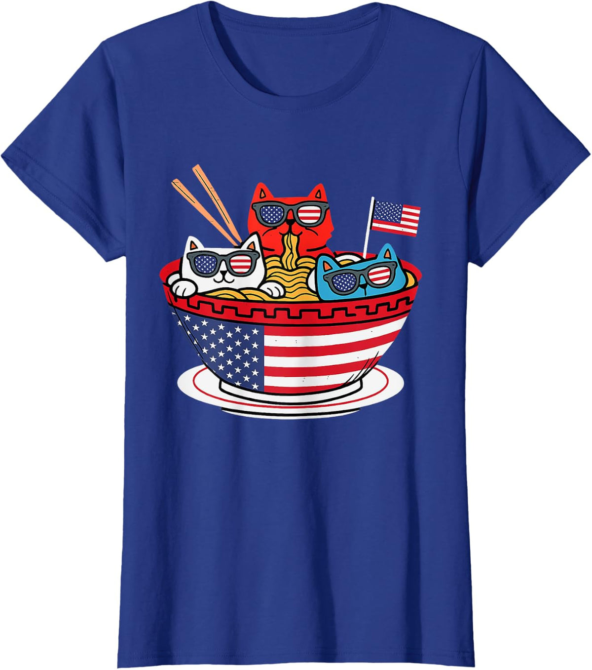 Funny Cats Ramen Anime Lover USA American Pride 4th Of July T-Shirt - Royal Blue