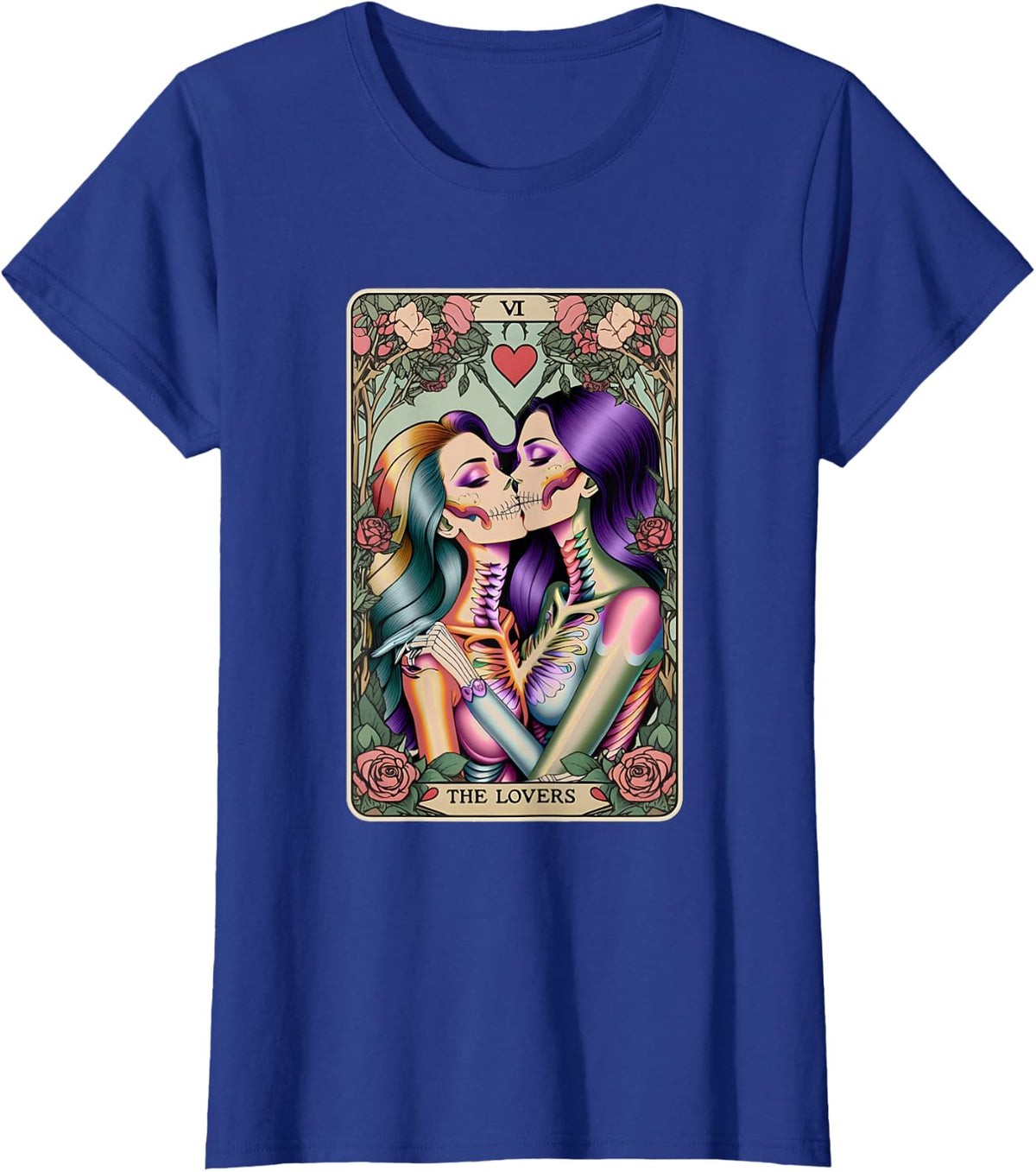 Tarot Card The Lovers Rainbow Kissing Lesbian Skeletons T-Shirt - Royal Blue