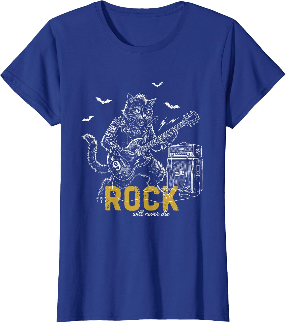 Guitar Player Black Cat Rocker Rock Will Never Die Vintage T-Shirt - Royal Blue