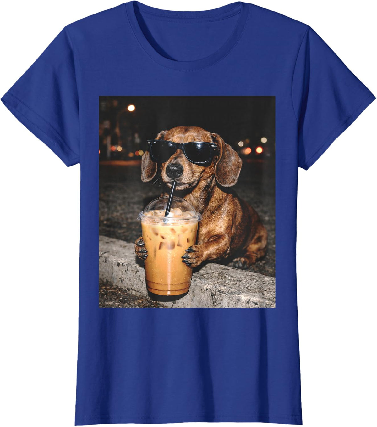 Dachshund Drinking Iced Coffee Funny Dachshund Dog Lover T-Shirt - Royal Blue