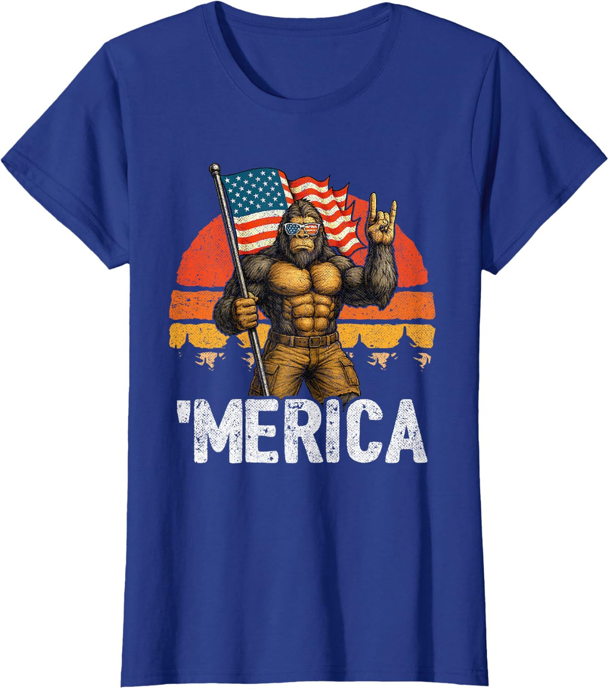 Bigfoot Merica American Flag - Funny Patriotic 4th of July T-Shirt - Royal Blue