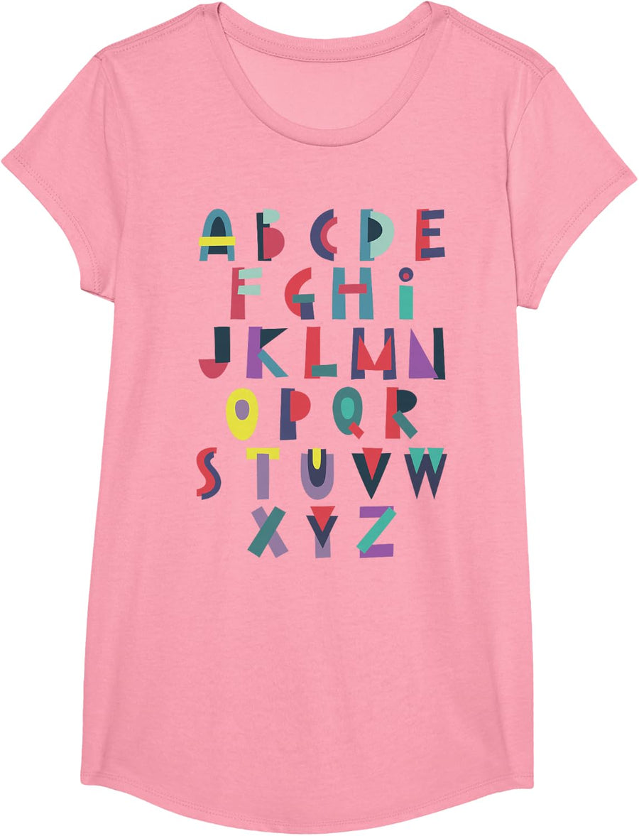 Alphabet ABC Letters Decorative Learning Uppercase Cute T-Shirt - Girls Pink
