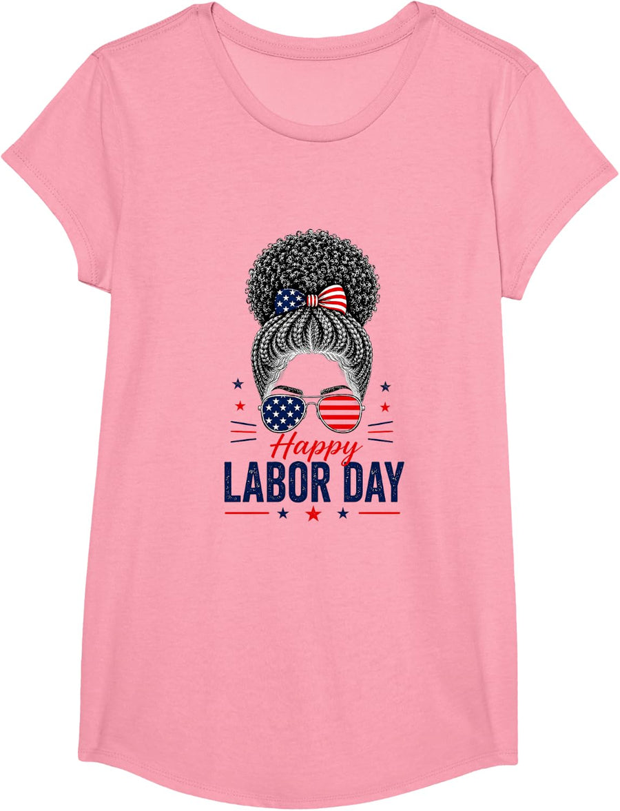 Happy Labor Day | Black Woman Curly Messy Bun T-Shirt - Girls Pink