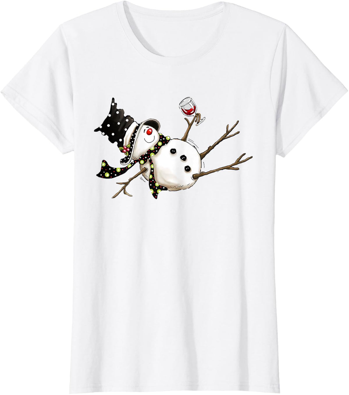 Funny Drunk Snowman Drinking Wine Glass Merry Christmas T-Shirt - White