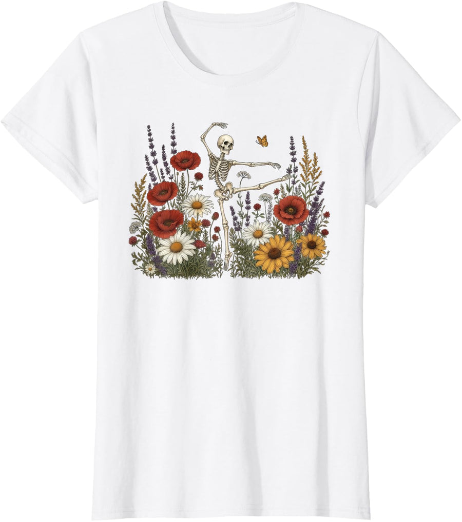 Wildflower Floral Skeleton Dancing Spooky Halloween Dance T-Shirt - White