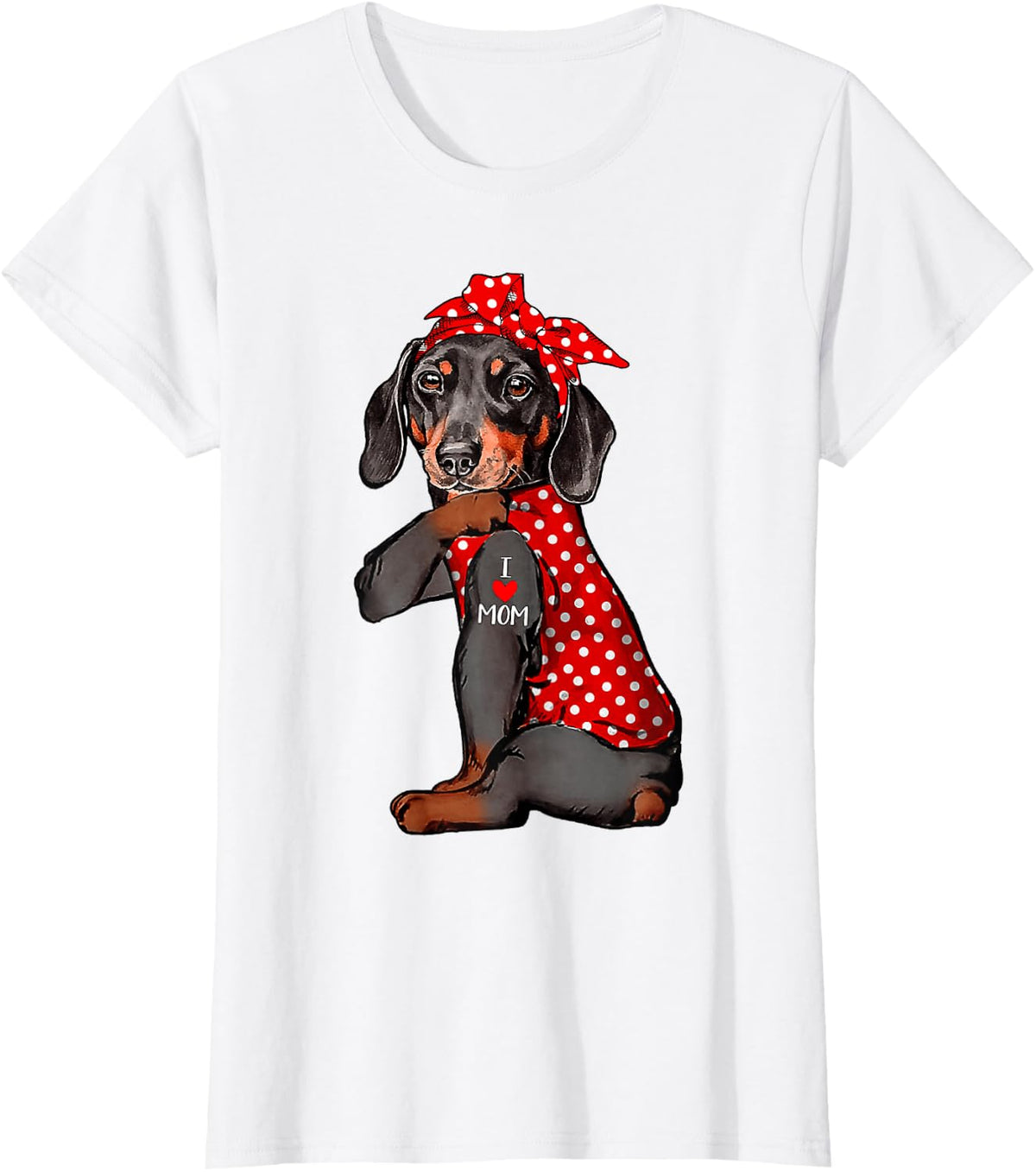 I Love Mom Tattoo Funny Dachshund Dog Wearing Bandana T-Shirt for Men Women Kids - White
