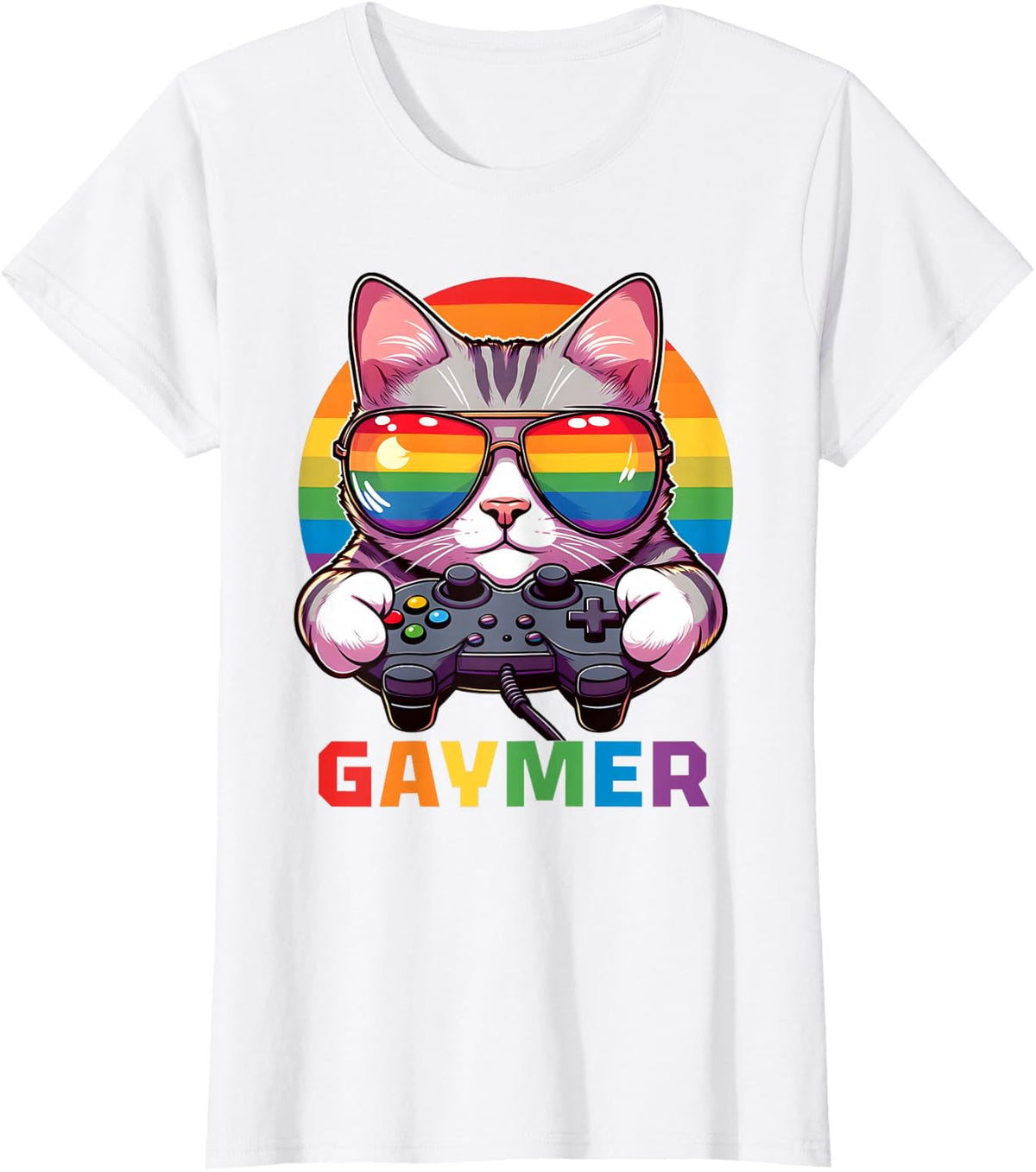 Funny Gaymer Cat Gamer LGBTQ Pride Rainbow Video Game Lover T-Shirt for Men Women - White