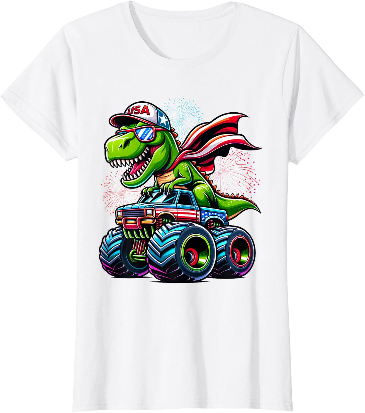 Dinosaur T rex 4th July Monster Truck American USA Flag T-Shirt - White