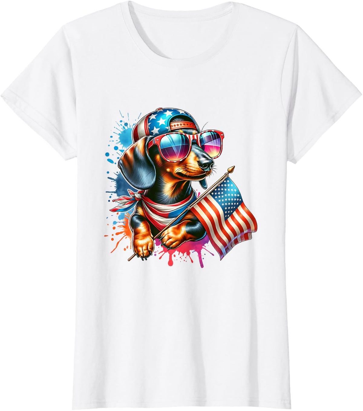 4th Of July Dachshund Dog Holding American Flag Dog Lover T-Shirt - White