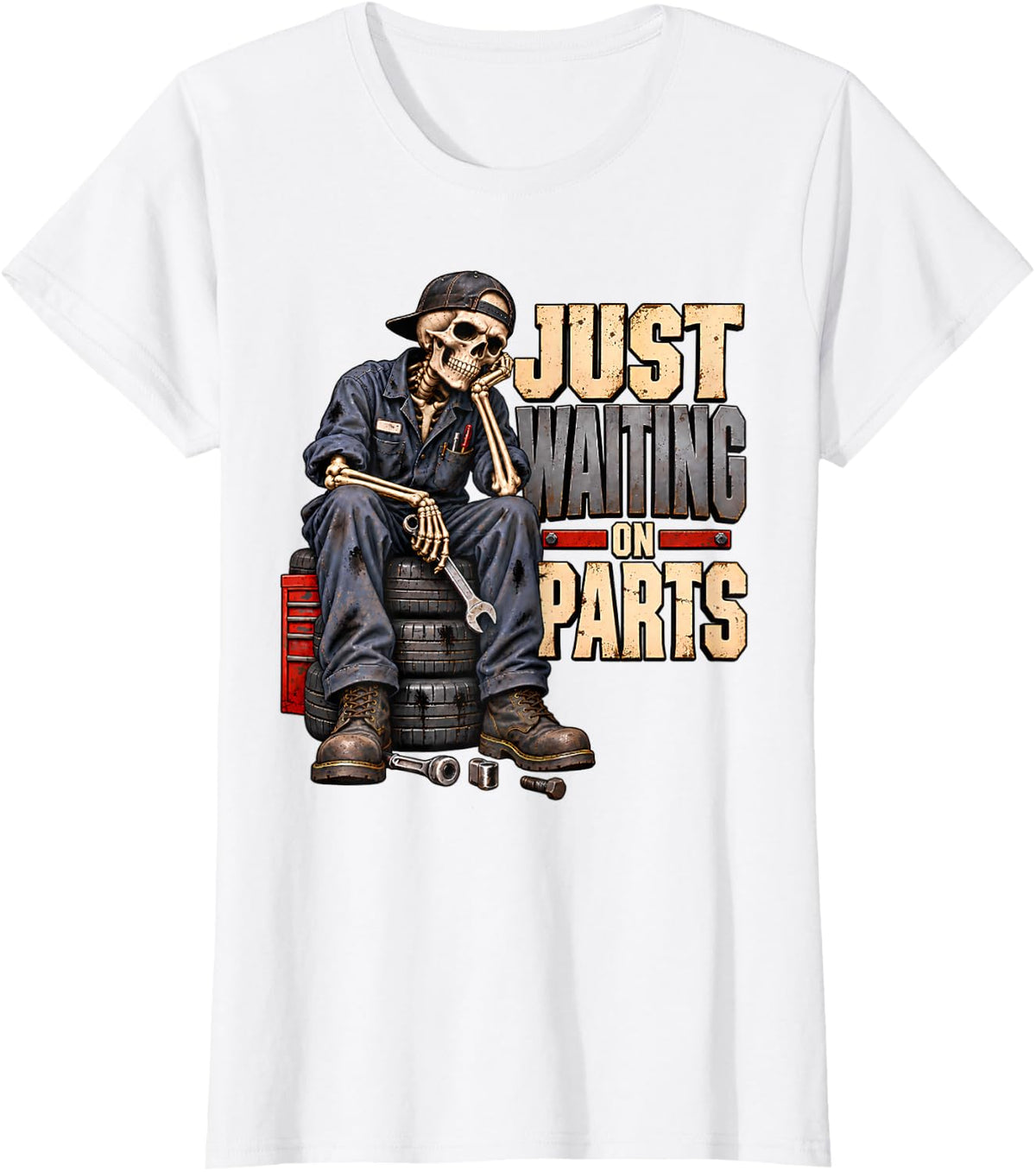 Mechanic Skeleton Top Garage Workwear Just Waiting On Parts T-Shirt - White