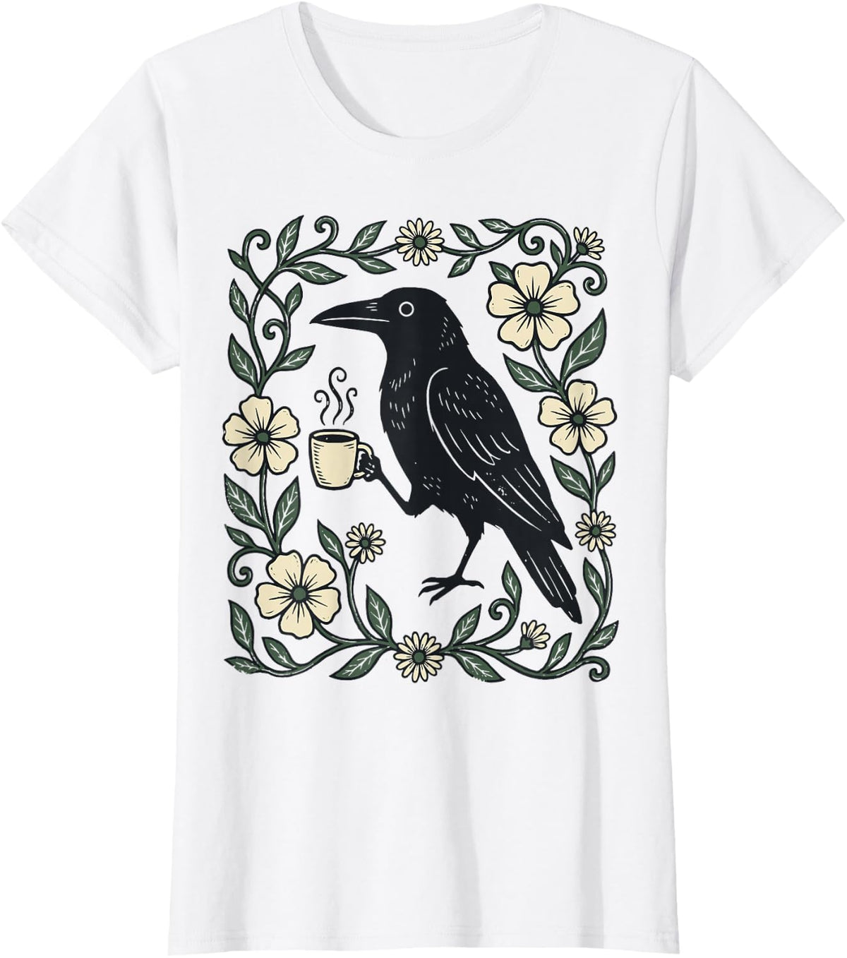 Raven Coffee Goth Flowers T-Shirt - White