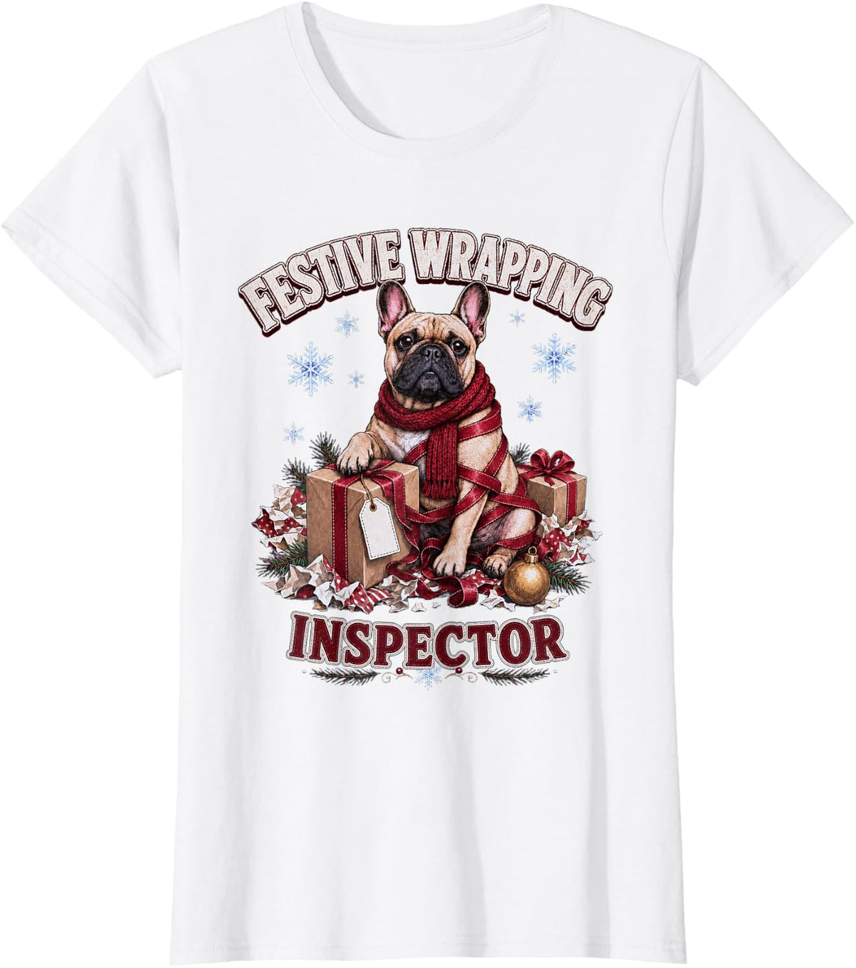 Festive Wrapping Inspector Funny French Bulldog Christmas T-Shirt - White