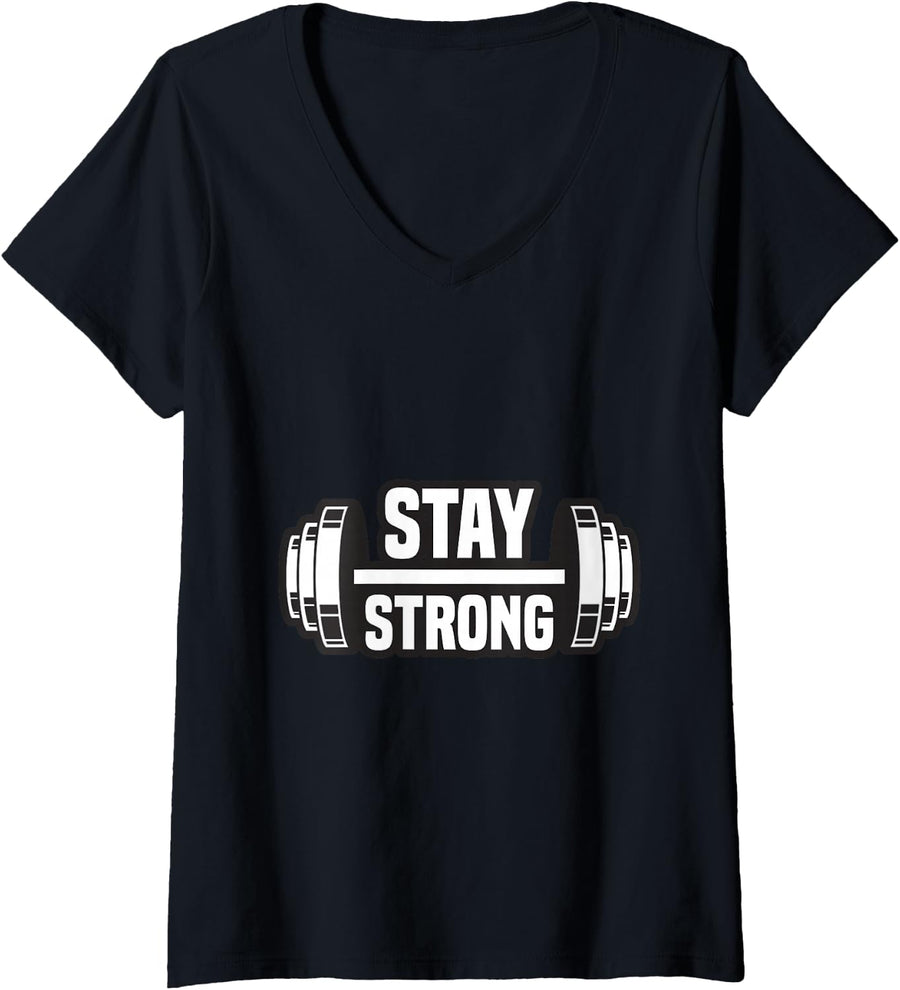 Women's Stay Strong Strongman Powerlifting Bodybuilding Motivation V-Neck T-Shirt - Black