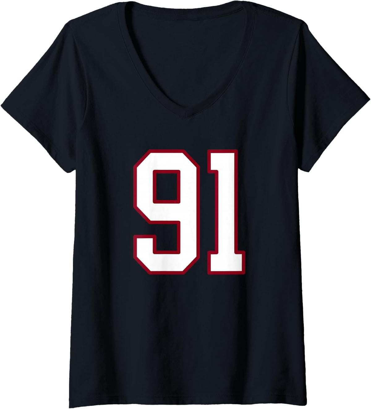Women's Maroon and White Number 91 Jersey Player Uniform #91 V-Neck T-Shirt - Black