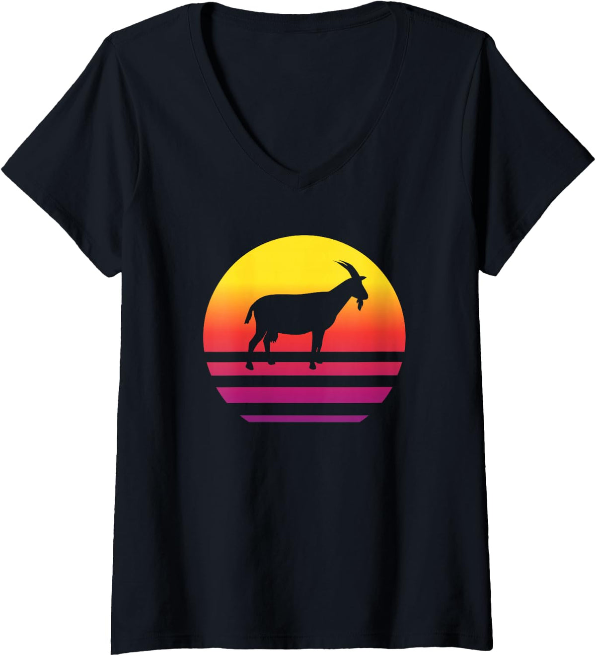 Women's Vintage Goat Retro Sunset Goat Lover Graphic Men Women V-Neck T-Shirt - Black