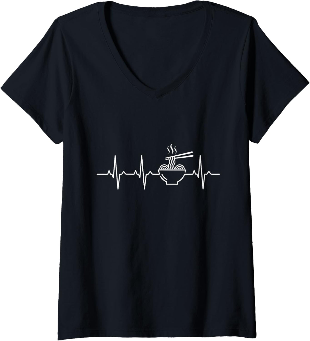 Women's Ramen Heartbeat EKG Japanese Noodle Lover Line Art V-Neck T-Shirt - Black