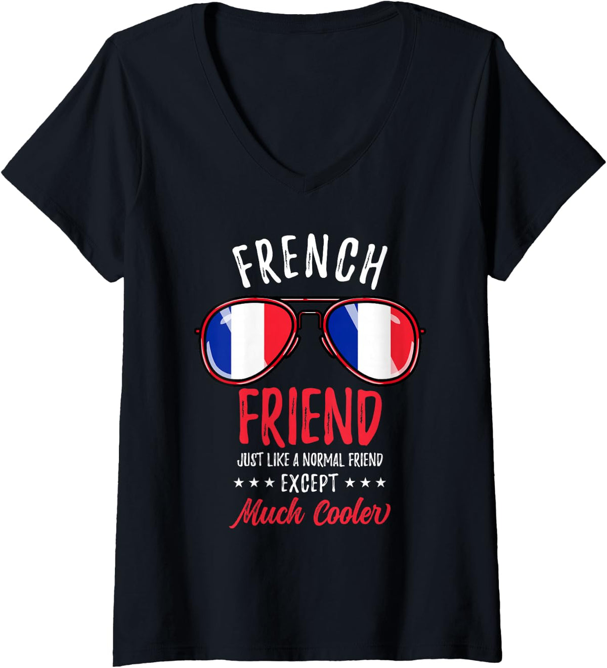 Women's Cool French Friend Sunglasses French Family V-Neck T-Shirt - Black