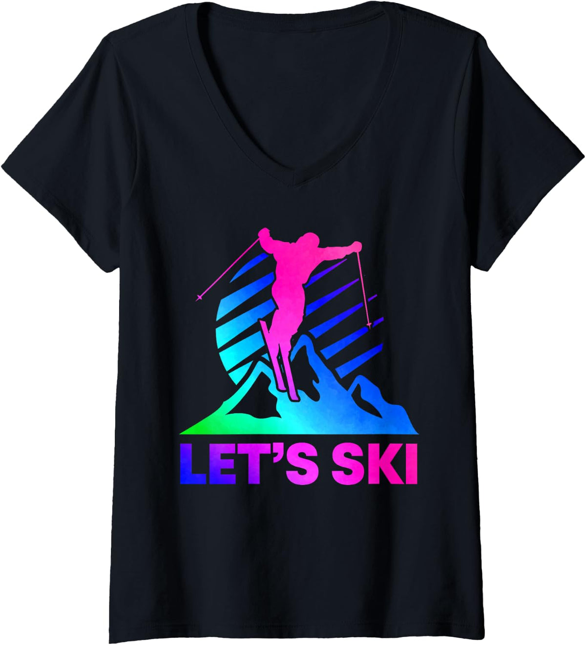 Womens Retro Ski Vintage 80s 90s Skiing Outfit V-Neck T-Shirt - Black