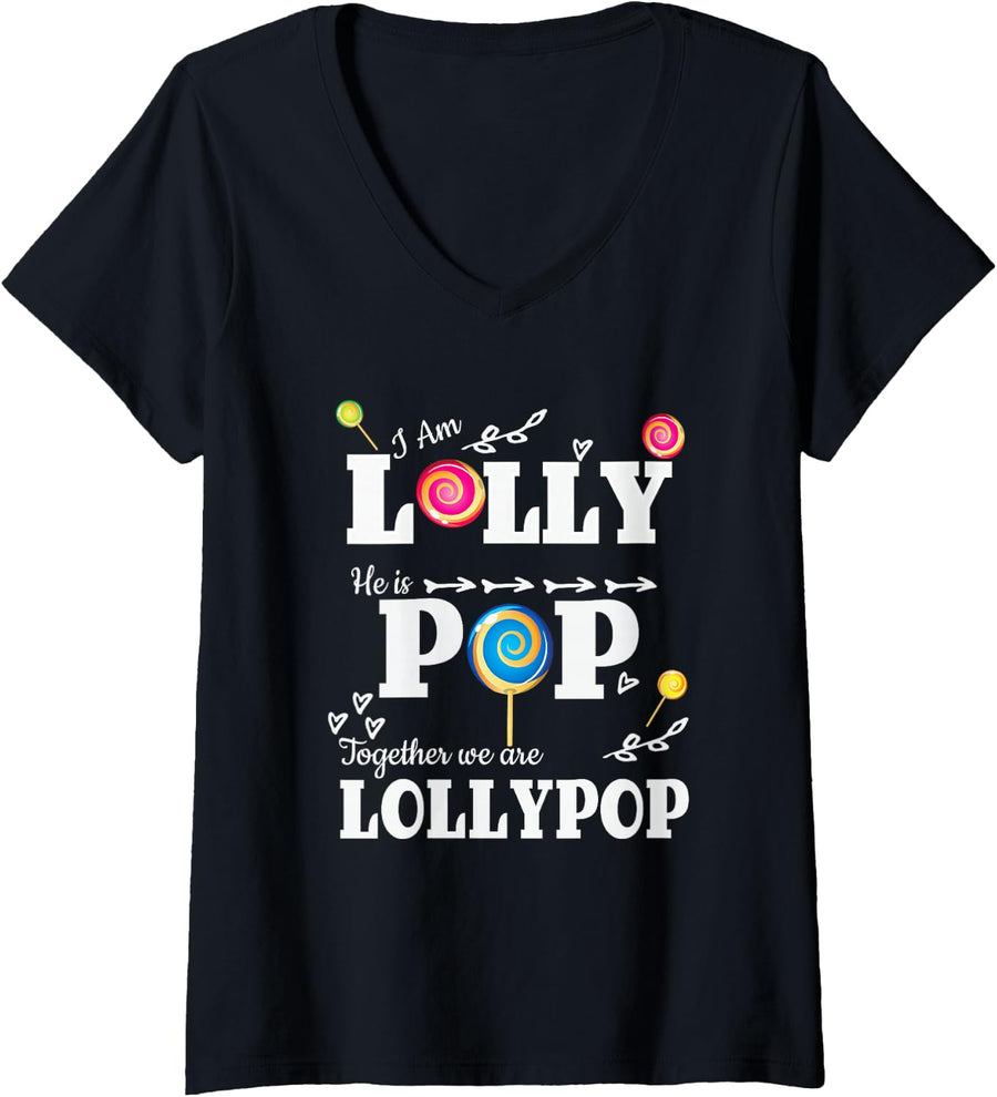 Womens I'm Lolly He Is Pop Together We Are LollyPop Couples Shirt V-Neck T-Shirt - Black
