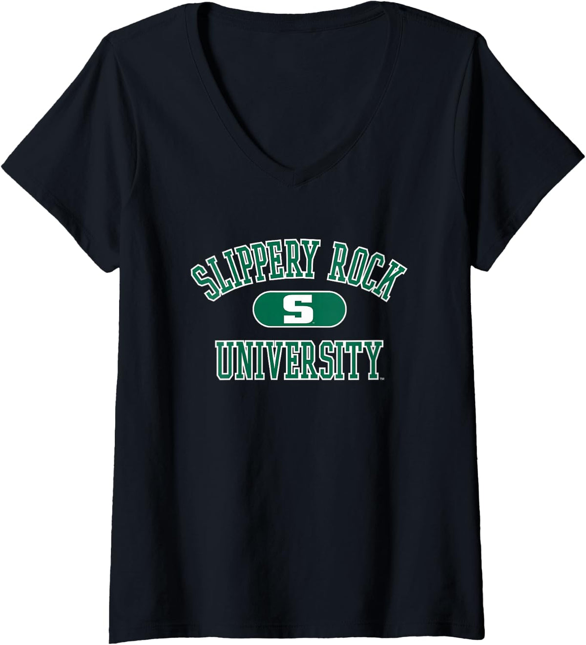 Womens Slippery Rock The Rock Varsity Logo Officially Licensed V-Neck T-Shirt - Black