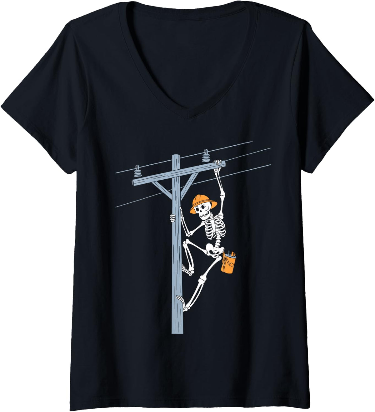 Women's Funny Skeleton Electric Cable Lineman Spooky Halloween V-Neck T-Shirt - Black