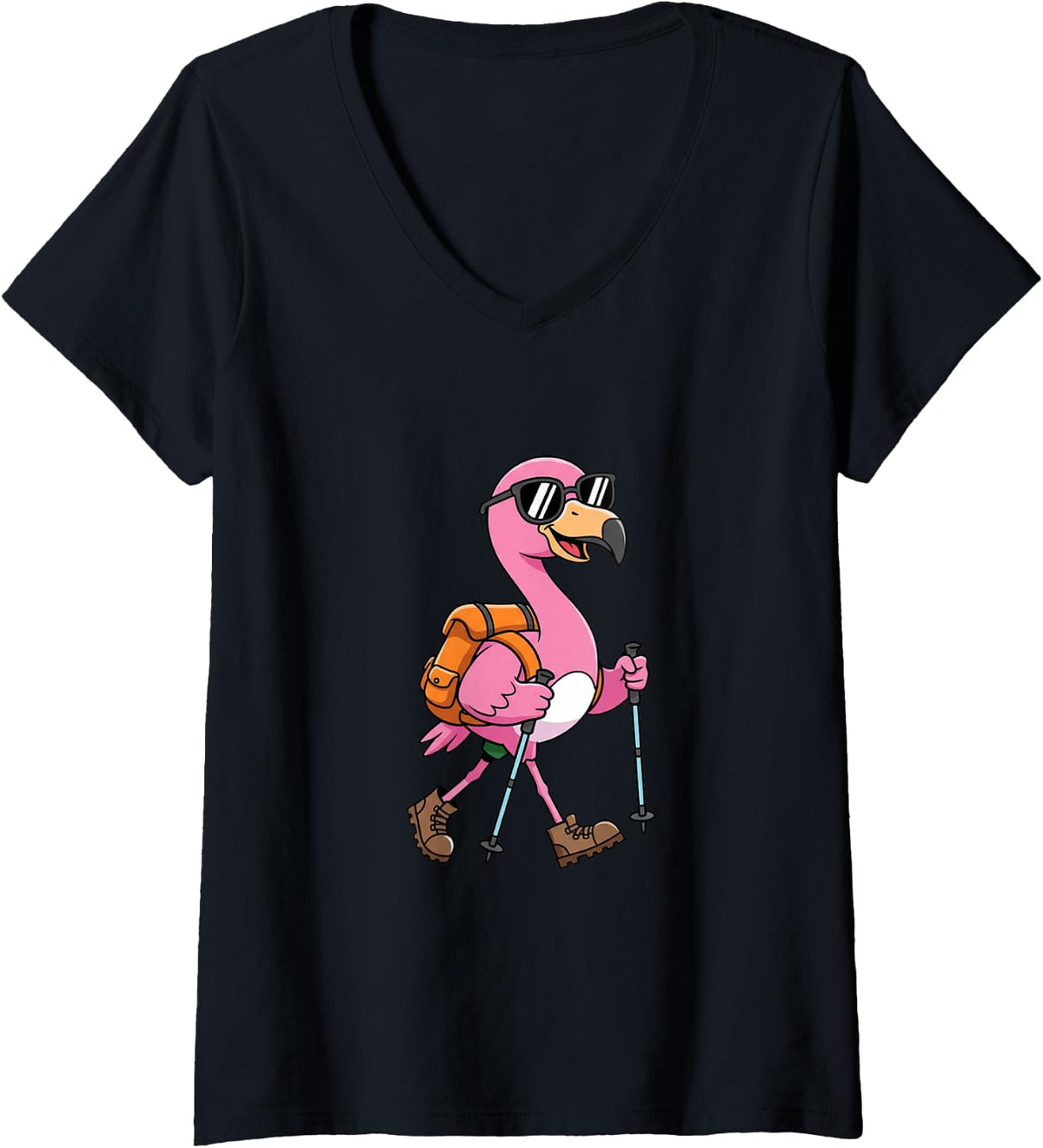 Women's Cute Flamingo Hiking Camping Funny Outdoor Nature Lover V-Neck T-Shirt - Black