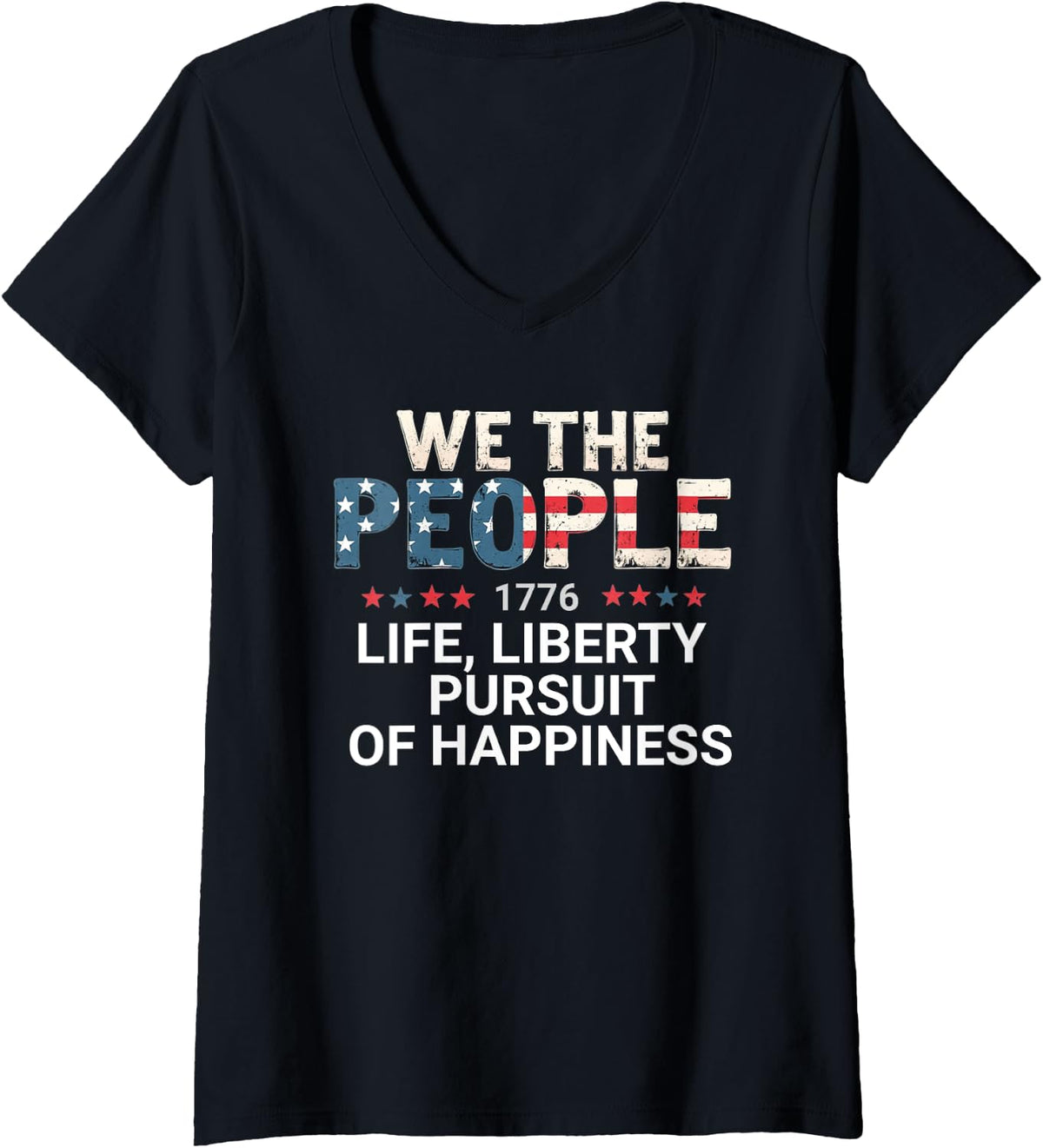 Womens 1776 Life Liberty Pursuit of Happiness Patriotic Graphic USA V-Neck T-Shirt - Black