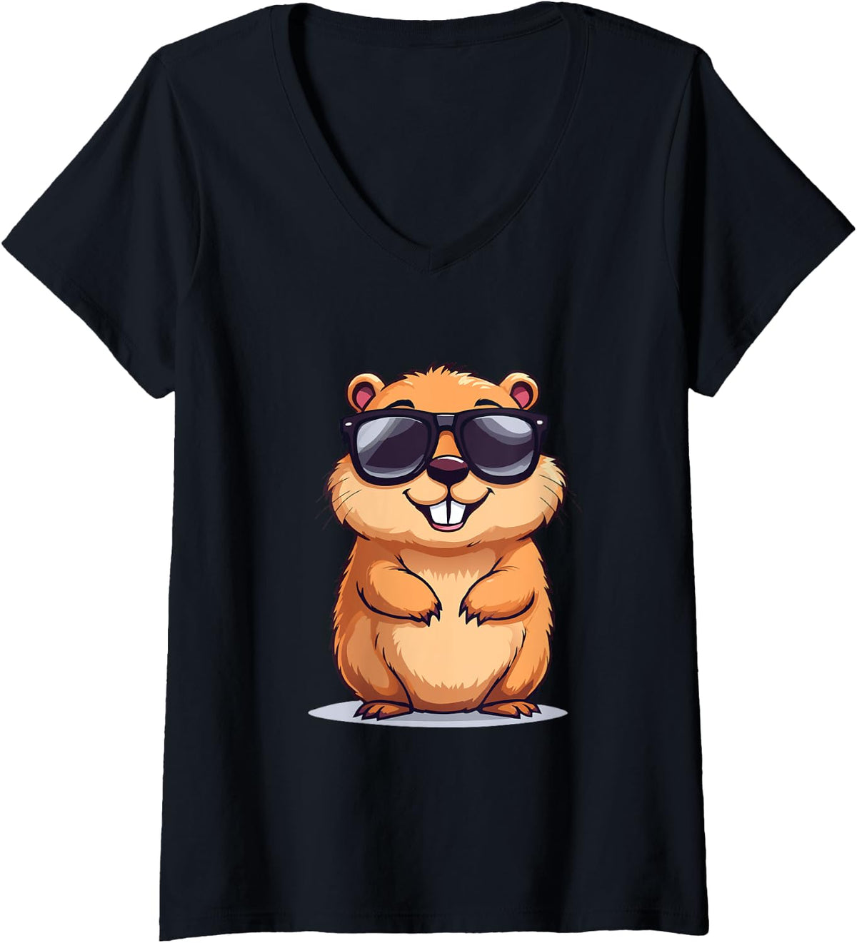 Womens Happy Groundhog Day Ground Hog With Hat Animal Lover Tee V-Neck T-Shirt - Black