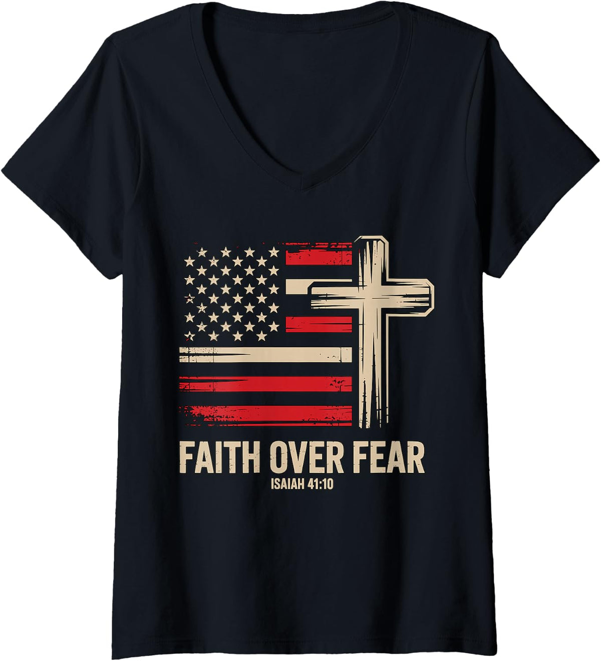 Women's Faith Over Fear American Flag V-Neck T-Shirt - Black