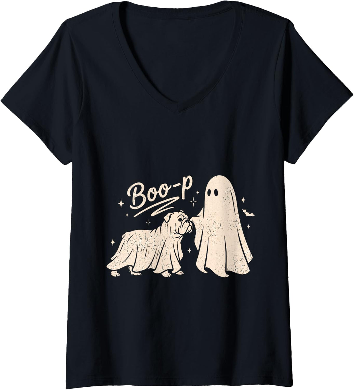 Women's Funny Spooky Season Bulldog Halloween Boo-P Ghost Dog V-Neck T-Shirt - Black