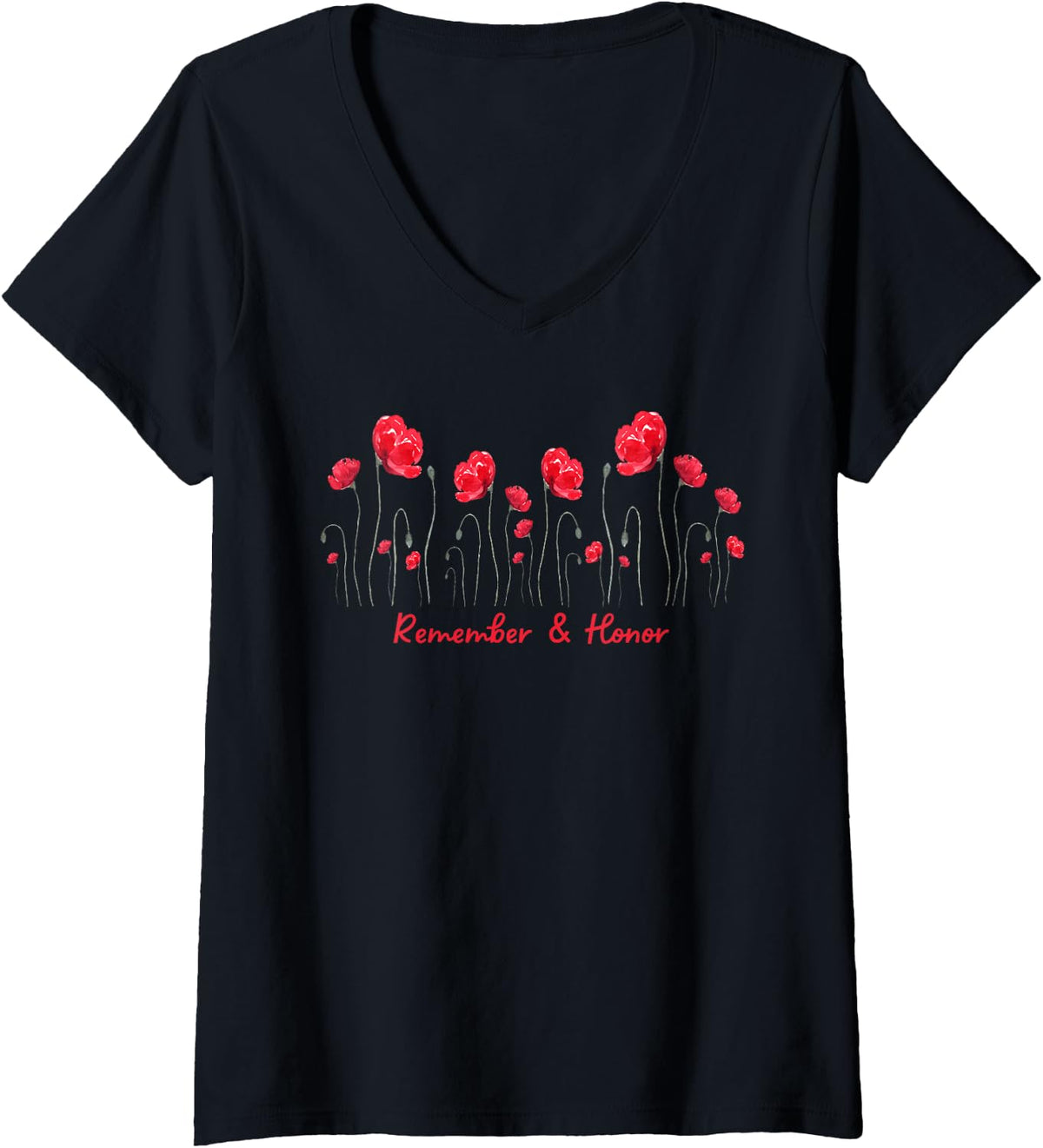 Women's Veterans Day 2026 USA Memorial Day Red Poppy Flower Military V-Neck T-Shirt - Black