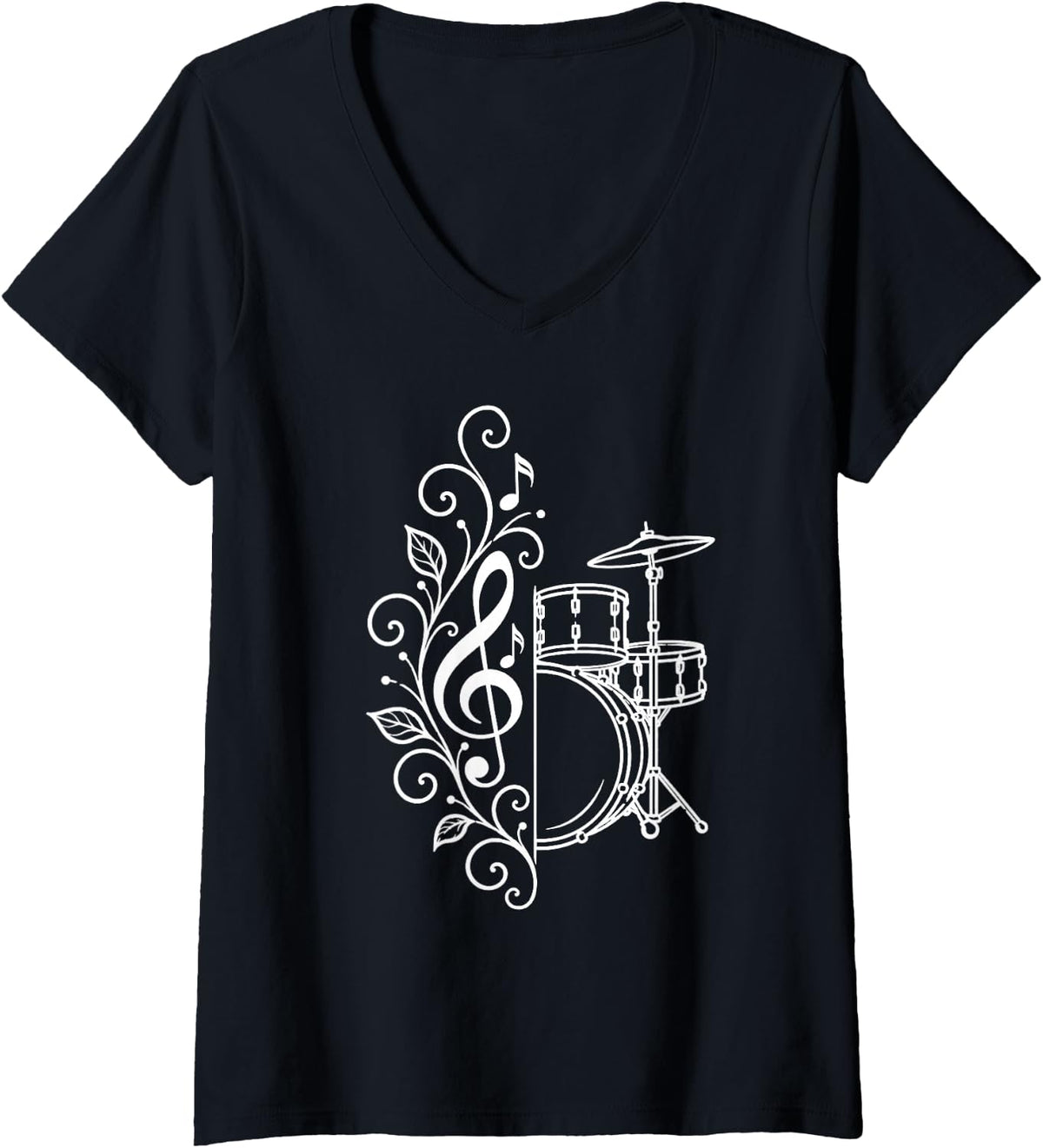 Women's Drummer Floral Drum Set White Clef Percussionist Musician V-Neck T-Shirt - Black