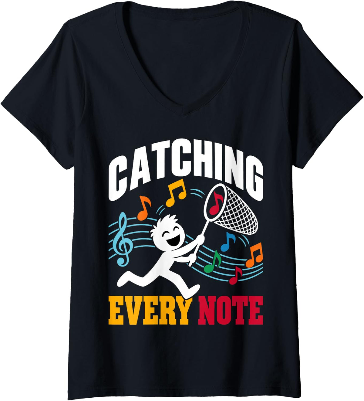 Women's Catching Every Note Music Lover Musician Musical Notes V-Neck T-Shirt - Black