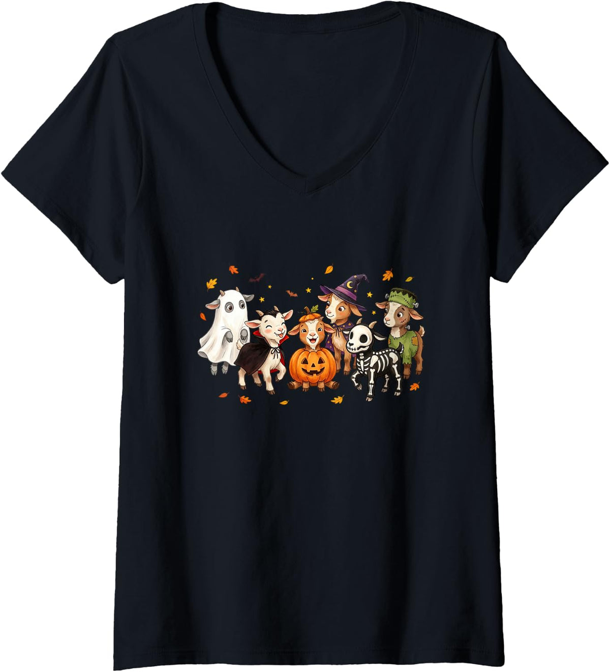 Women's Farm Animal Halloween Goat Lover Spooky Season Fall Vibes V-Neck T-Shirt - Black