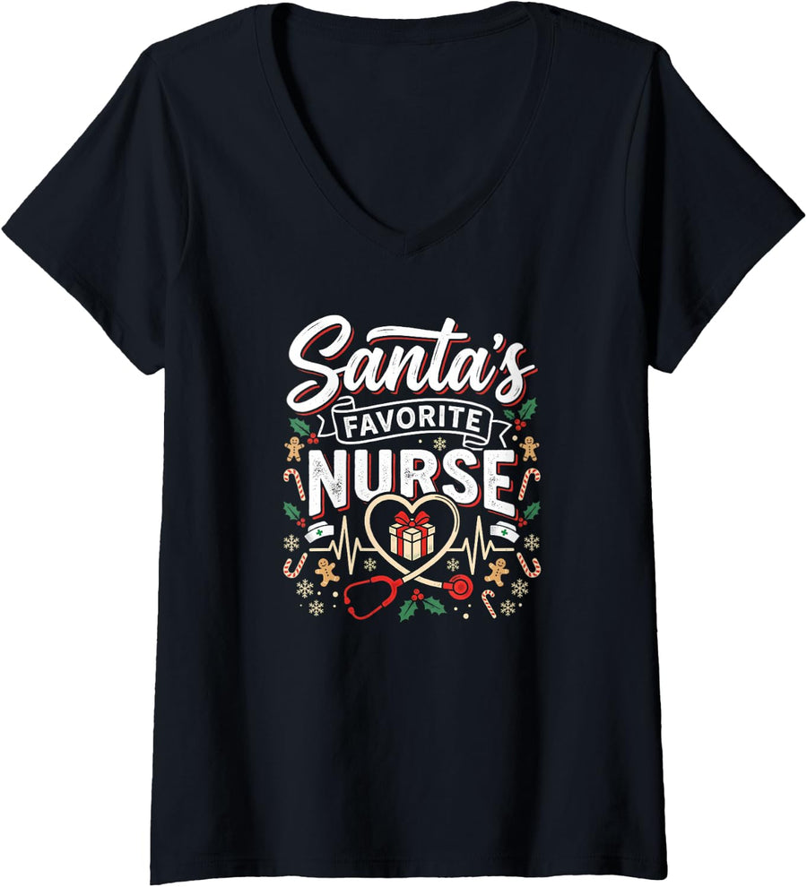 Women's Santa's Favorite Nurse Christmas Stethoscope Nurse V-Neck T-Shirt - Black