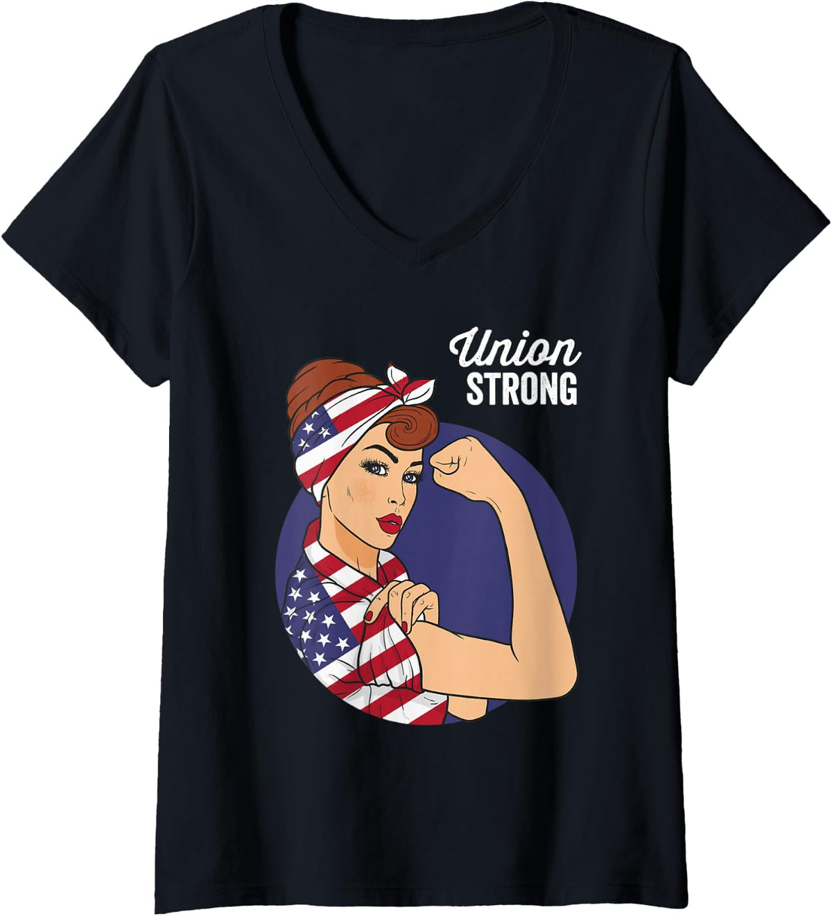 Womens Union Labor Day Shirts for Women Rosie the Riveter USA Flag V-Neck T-Shirt - Black