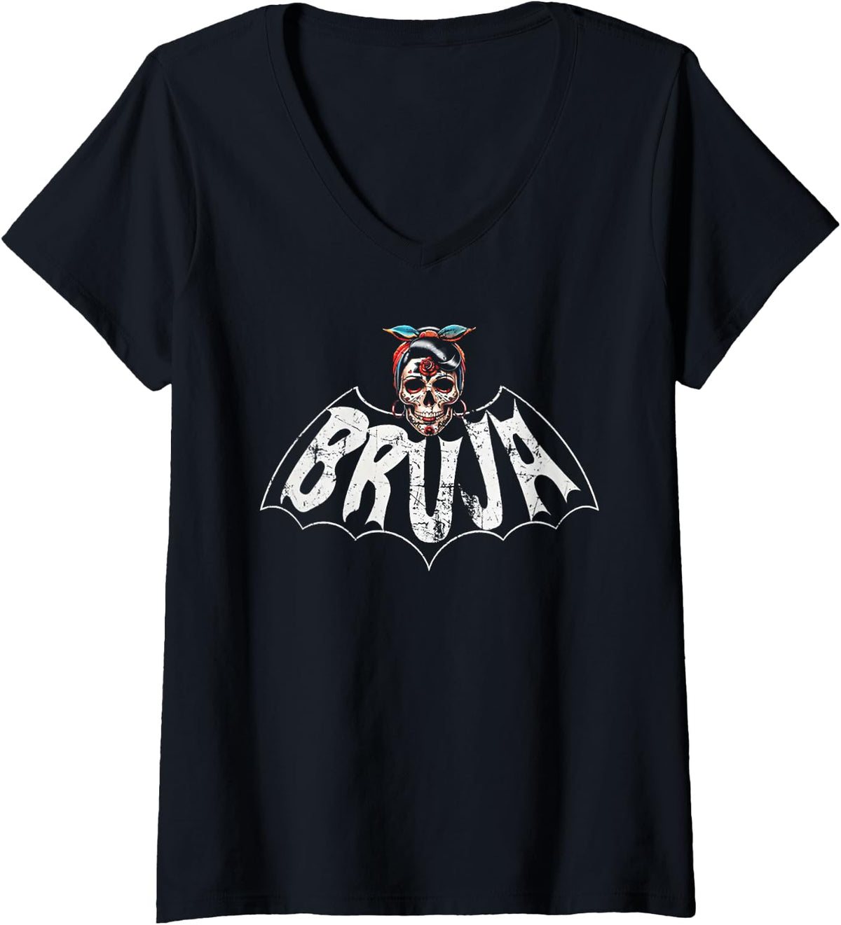 Womens Bruja Vintage Bat V-Neck T-Shirt - Black