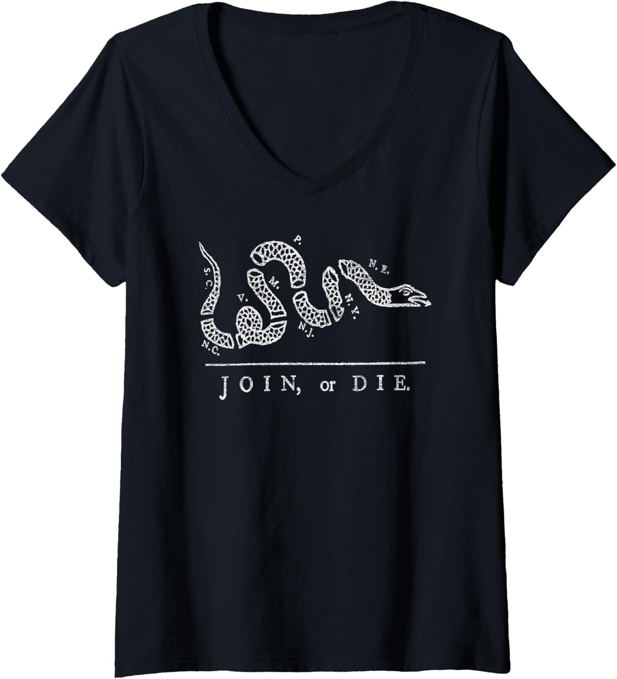 Womens JOIN OR DIE SNAKE FRANKLIN INDEPENDENCE GADSDEN 1776 FLAG V-Neck T-Shirt - Black
