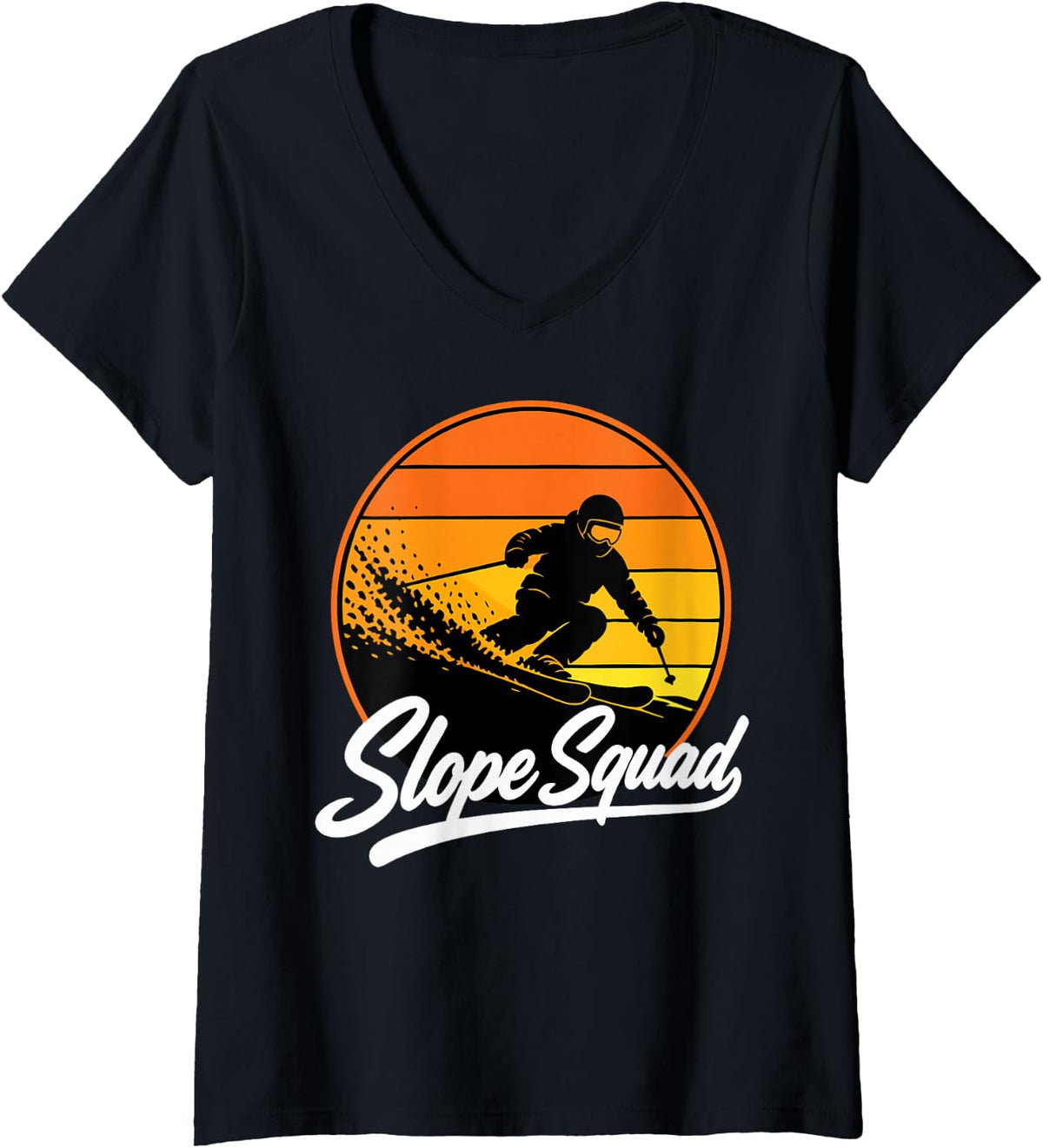 Women's Vintage Skiing Crew Winter Sports Skier V-Neck T-Shirt - Black