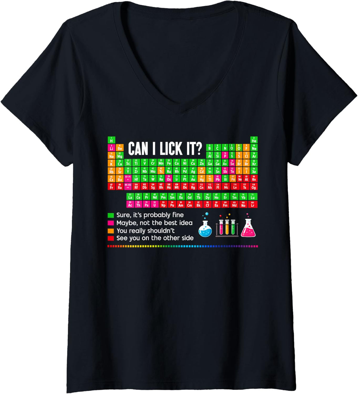 Women's Can I Lick It Funny Chemistry Periodic Table Science Humor V-Neck T-Shirt - Black