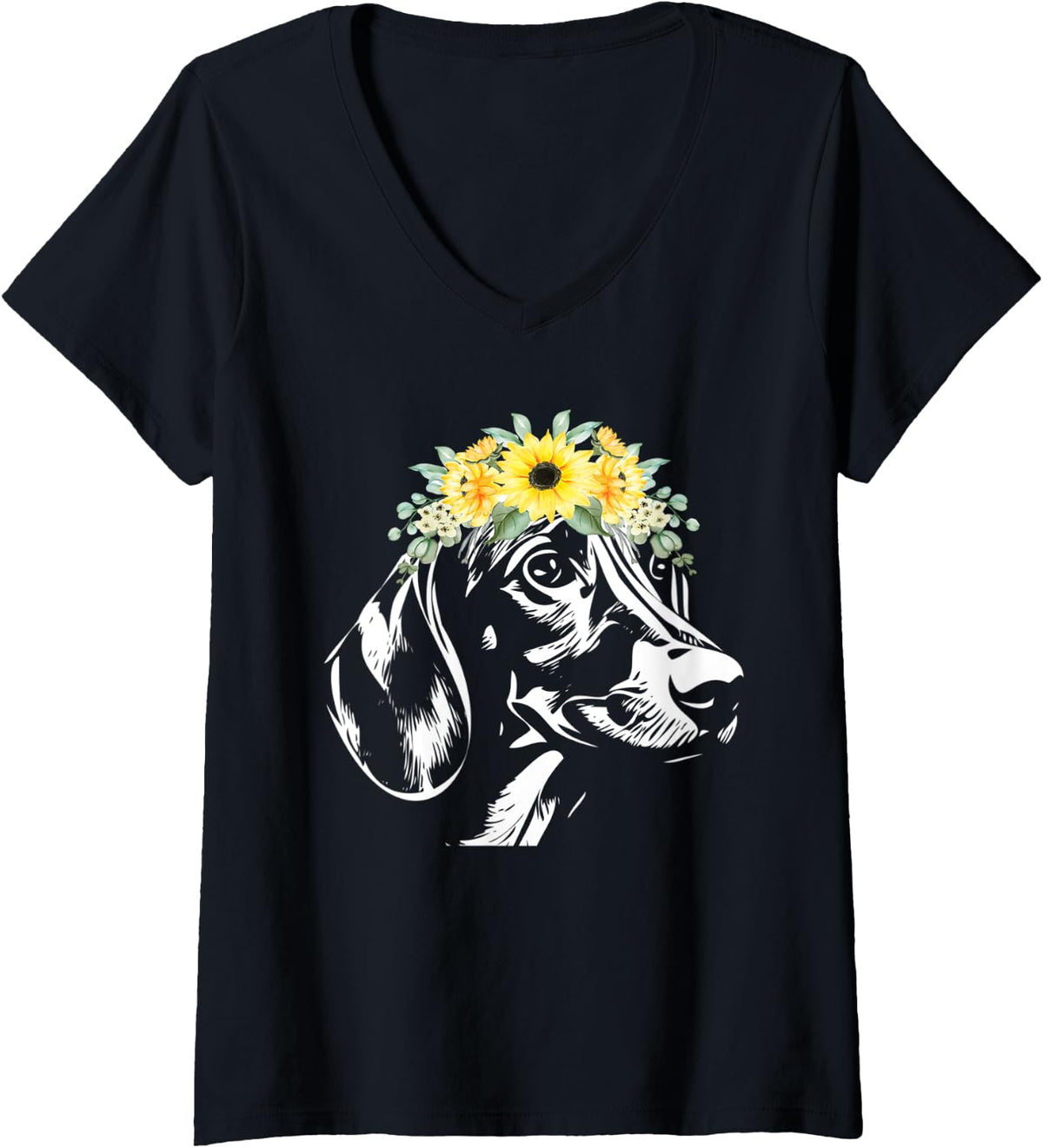 Womens Dachshund Wiener Dog Floral Sunflower Line Art V-Neck T-Shirt - Black
