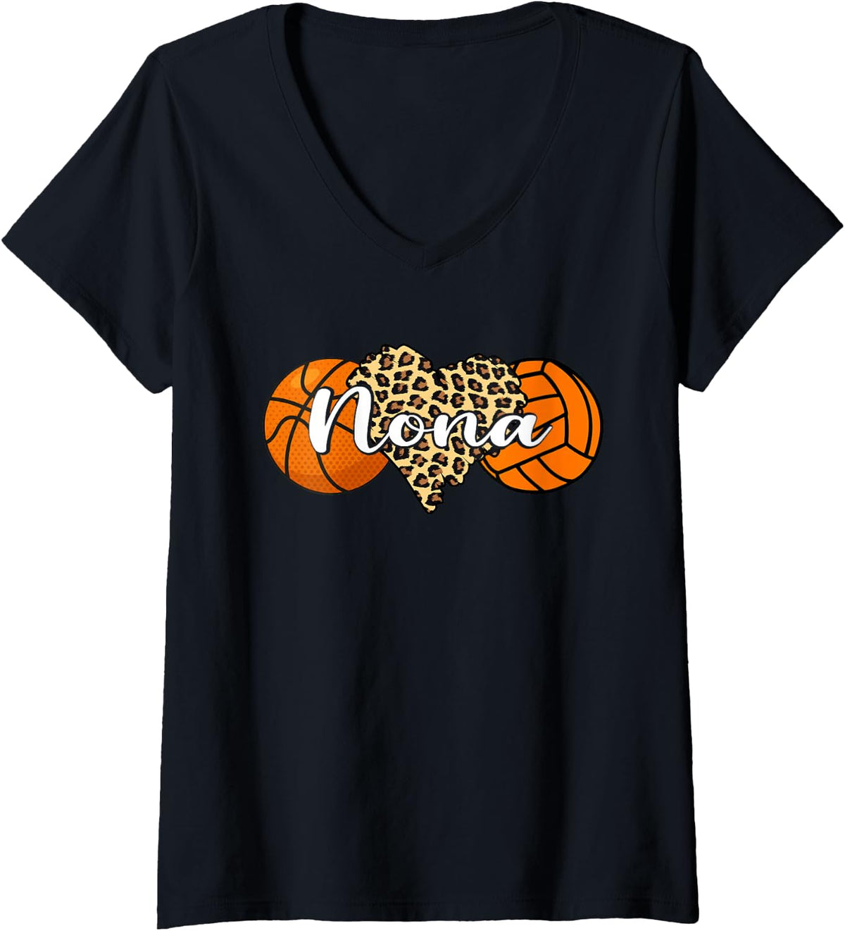 Women's Nona Basketball Volleyball Leopard Heart Ball Nona V-Neck T-Shirt - Black