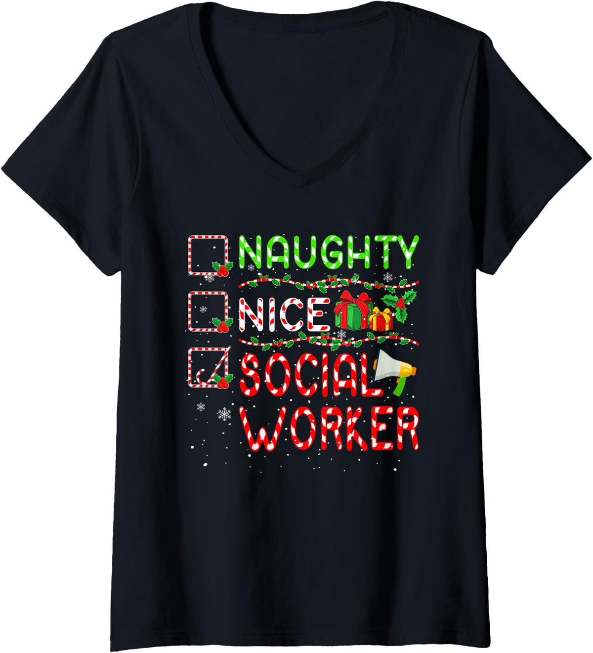 Women's Naughty Nice Social Worker Christmas Proud Job Team V-Neck T-Shirt - Black