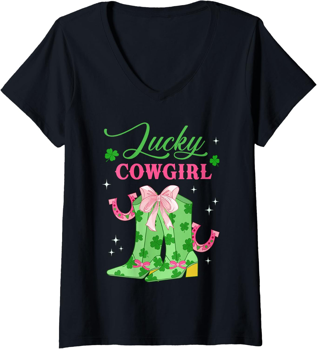 Women's Lucky Cowgirl St. Patty’s Day Cowgirl Boots Pink Coquette V-Neck T-Shirt - Black