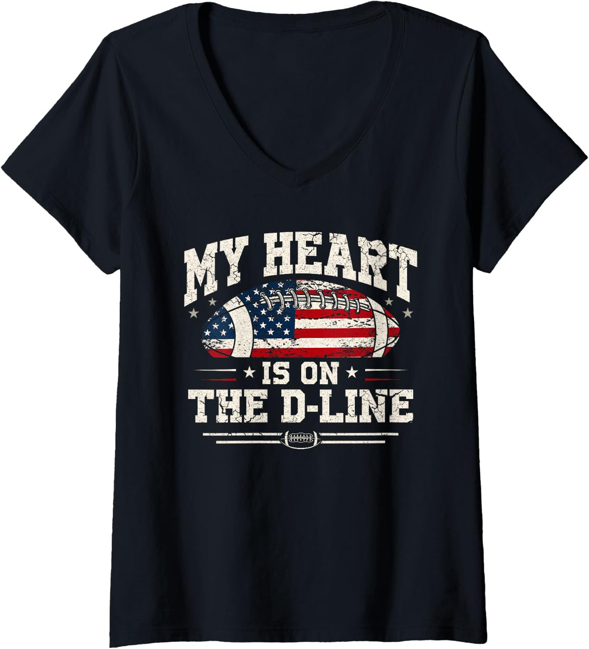 Women's Offensive Lineman Football Us Flag My Heart is On The D-Line V-Neck T-Shirt - Black