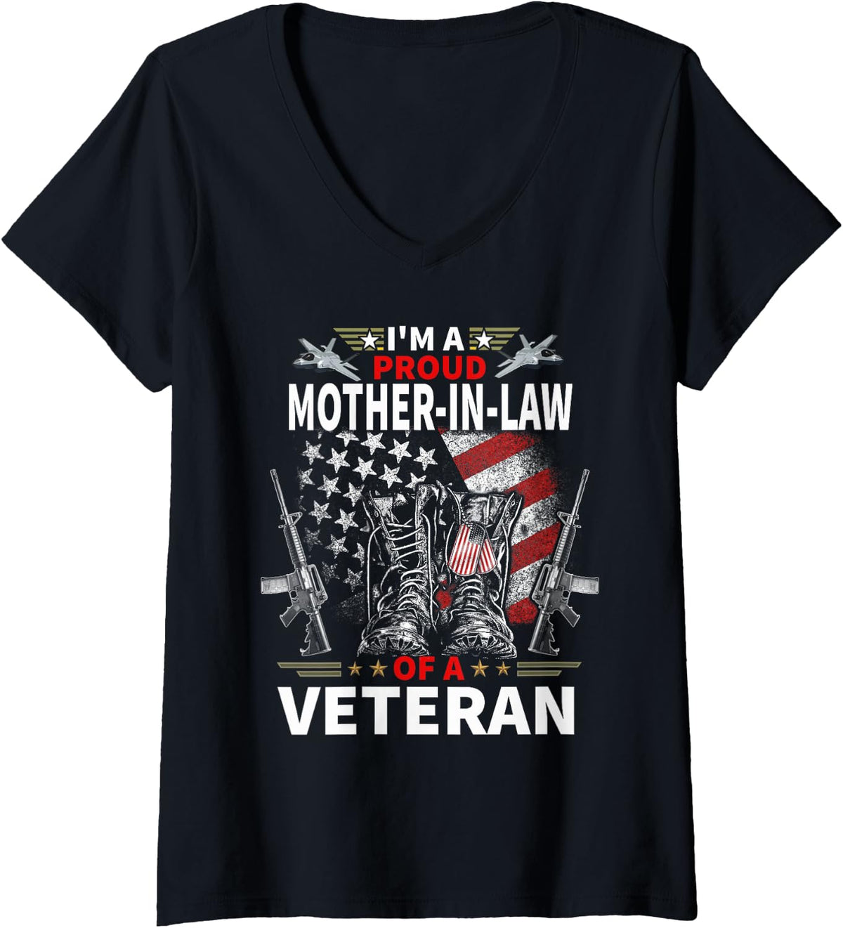 Women's I'm A Proud Mother-in-Law of A Veteran Veteran's Day Womens V-Neck T-Shirt - Black