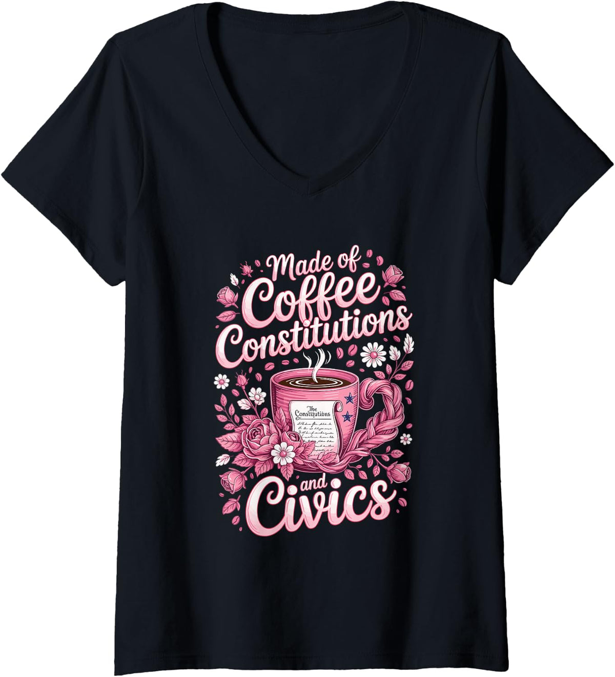 Women's Made of Coffee Constitutions and Civics V-Neck T-Shirt - Black