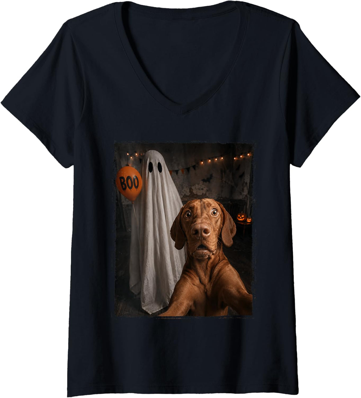 Women's Funny Vizsla Halloween Selfie Ghost Boo Balloon Kids V-Neck T-Shirt - Black