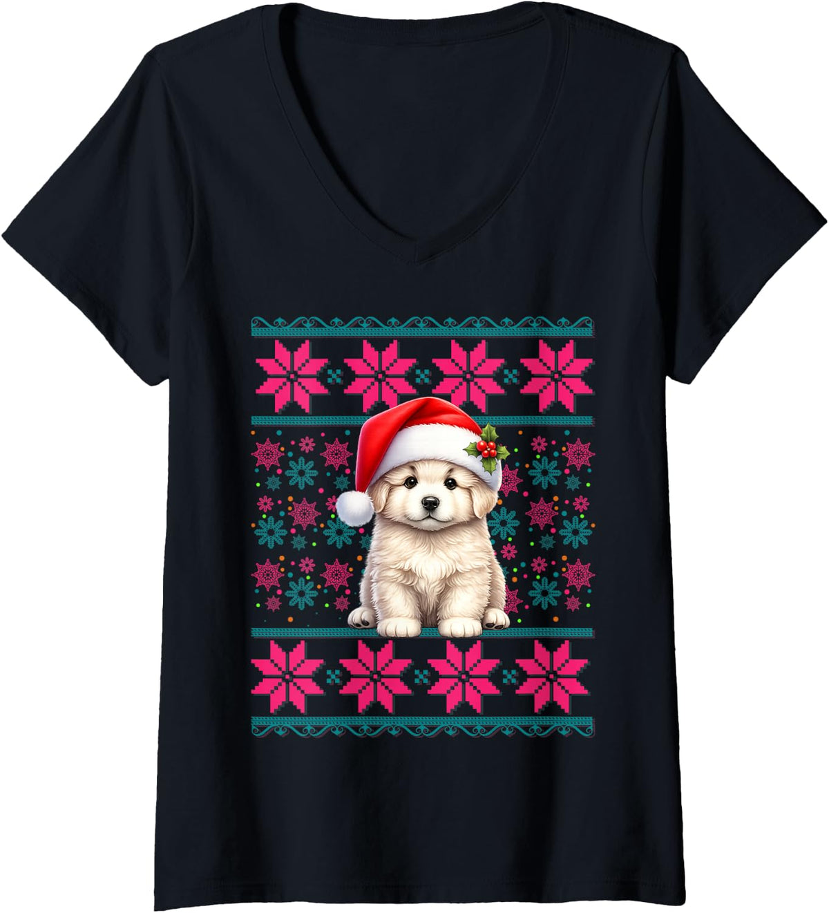 Women's Santa Ugly Christmas Pajama Women Girls Great Pyrenees Dog V-Neck T-Shirt - Black