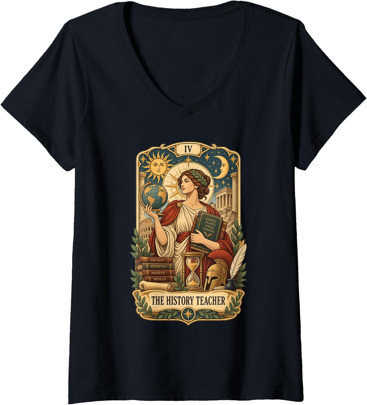 Women's The History Teacher Tarot Card Social Studies Ancient Histor V-Neck T-Shirt - Black